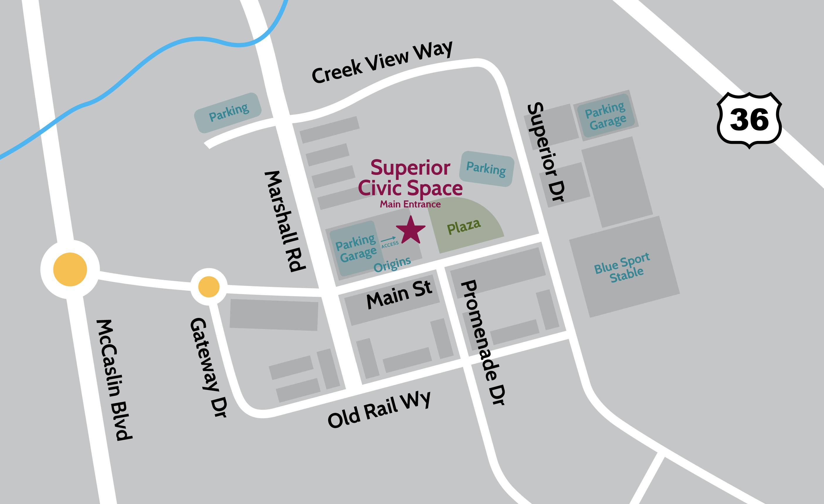 Map showing Civic Space location in Downtown Superior.