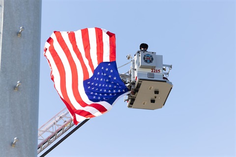 US flag raised by Moutain View Fire waving in the wind.