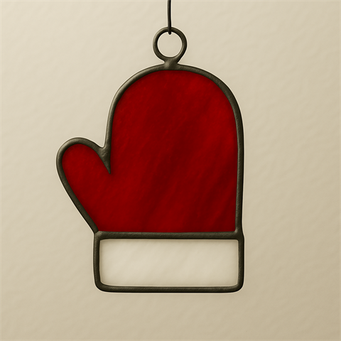 red & white stained glass ornament in the shape of a mitten