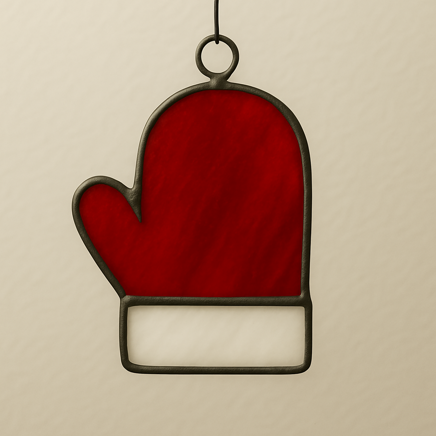 red & white stained glass ornament in the shape of a mitten