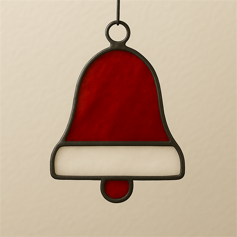 red & white stained glass ornament in the shape of a bell