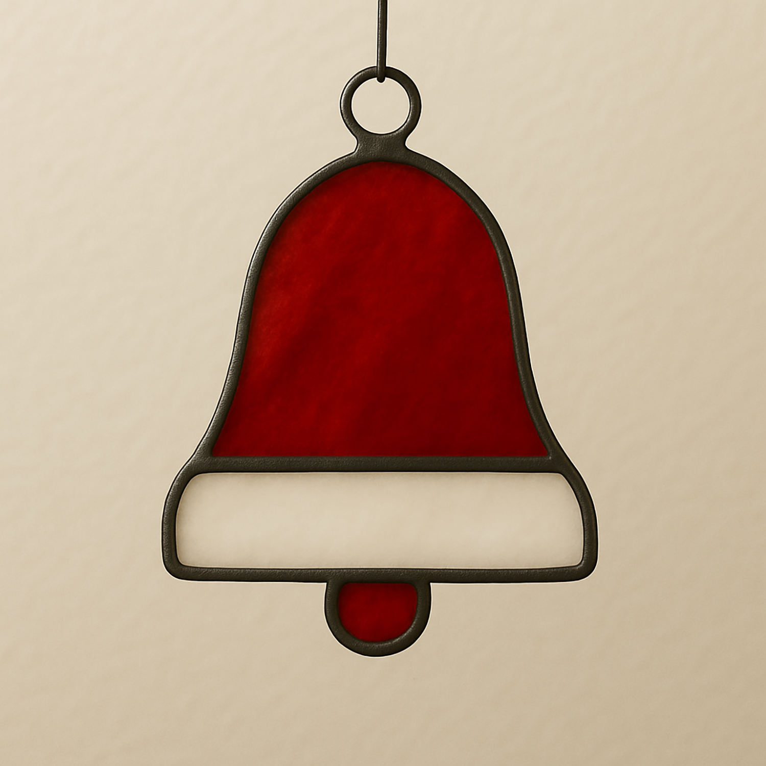 red & white stained glass ornament in the shape of a bell