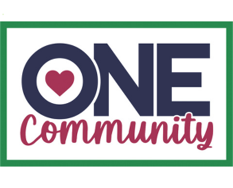 Red and blue One Community logo with green outline