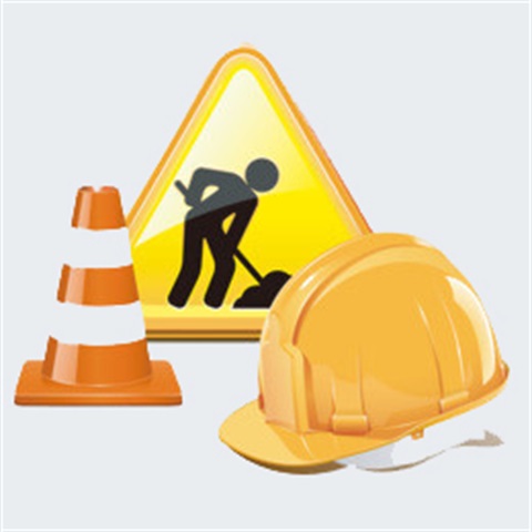 Graphic showing a hard hat, traffic cone, and caution sign.