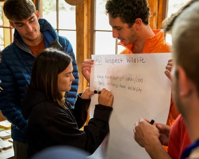 participants in leave no trace workshop writing on a large white sheet of paper as a team