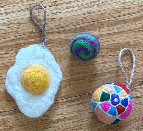 wool felt creations: egg, green/purple spiral ball, multi color mosiac felt ball